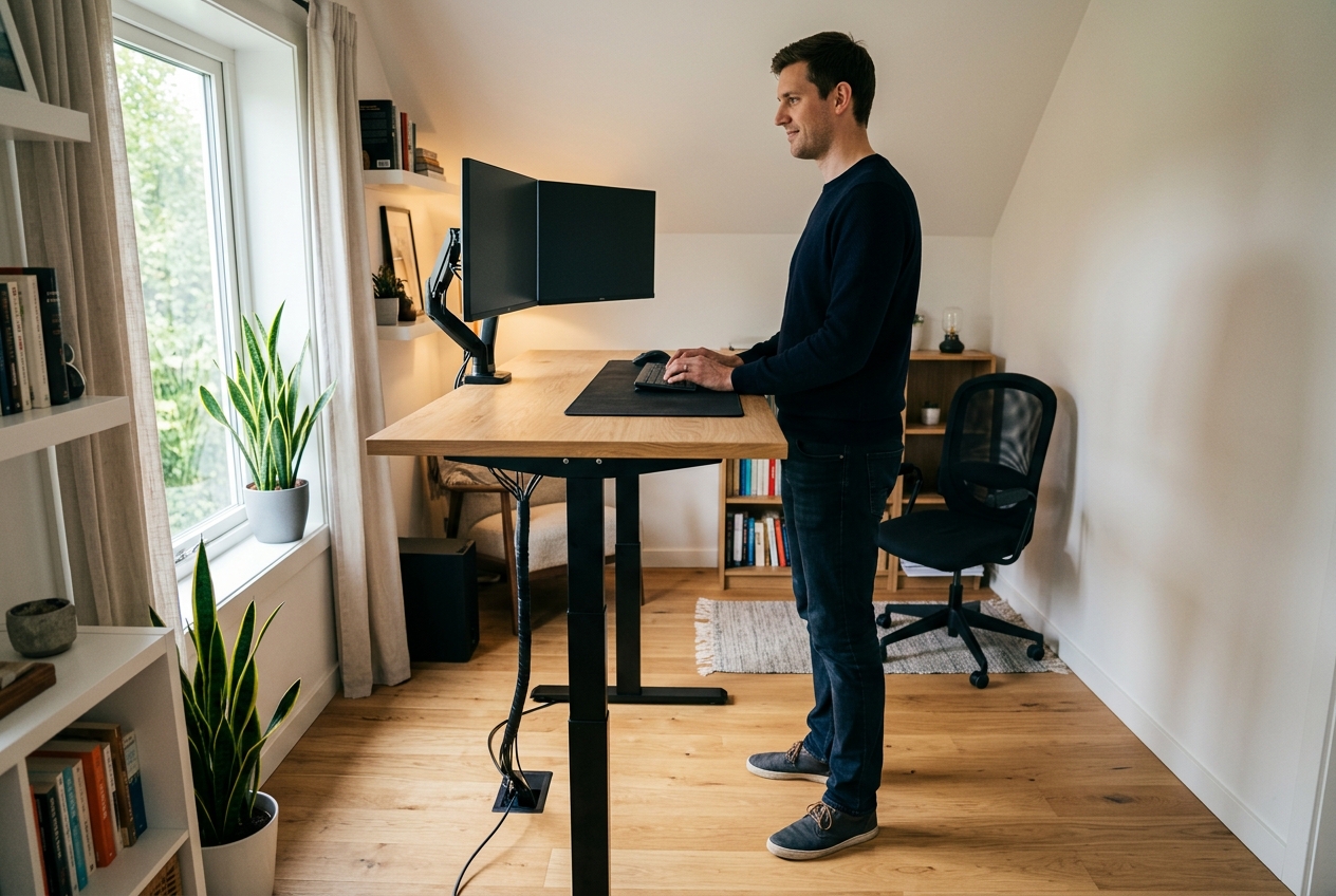 A man standing at a light wood standing desk with black legs and dual monitors in a home office