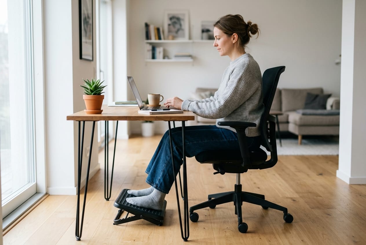 A woman working on a laptop at a wooden desk by a large window, her feet resting on a black under-desk footrest