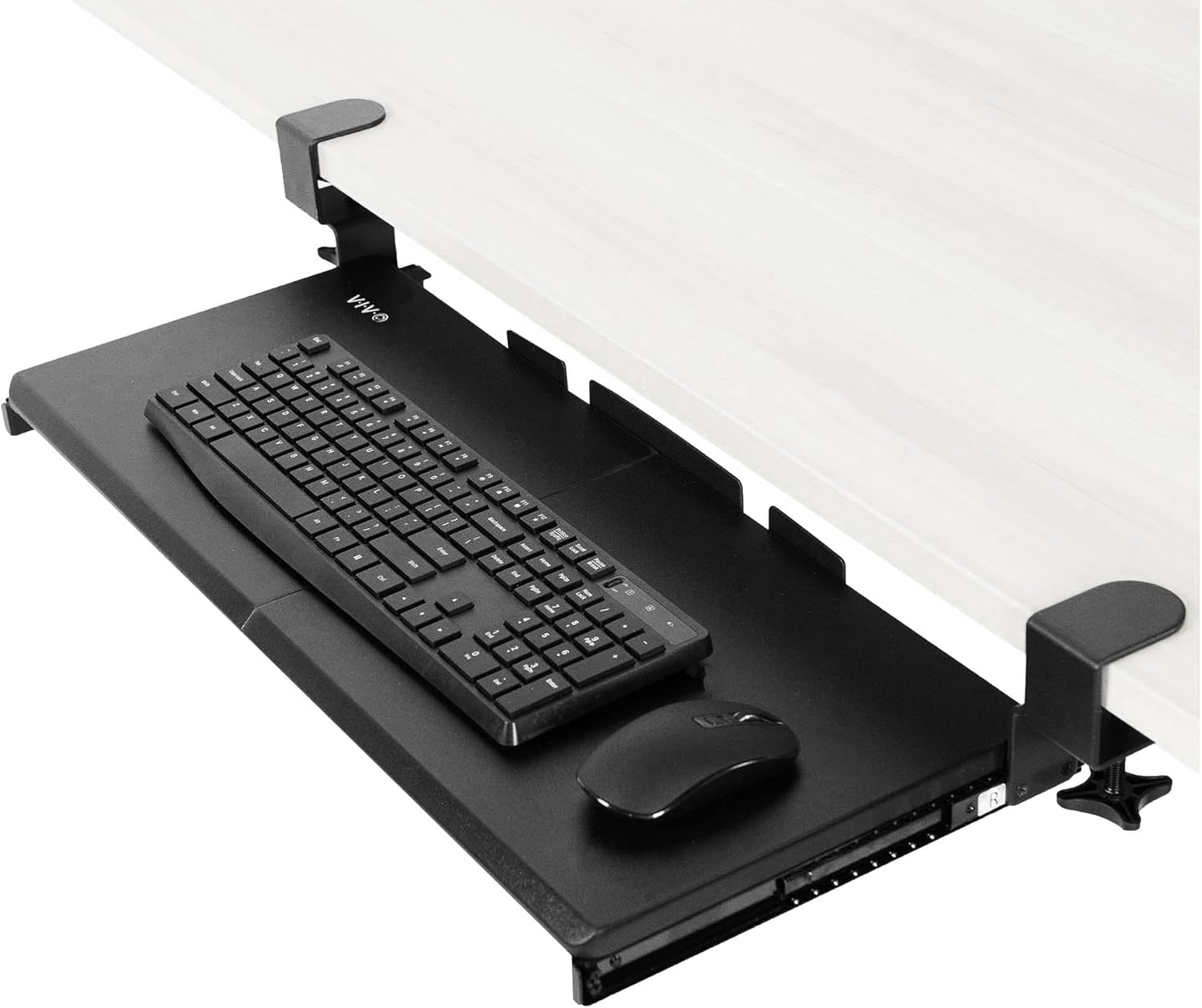 VIVO MOUNT-KB05E black clamp-on under-desk keyboard tray holding a keyboard and mouse
