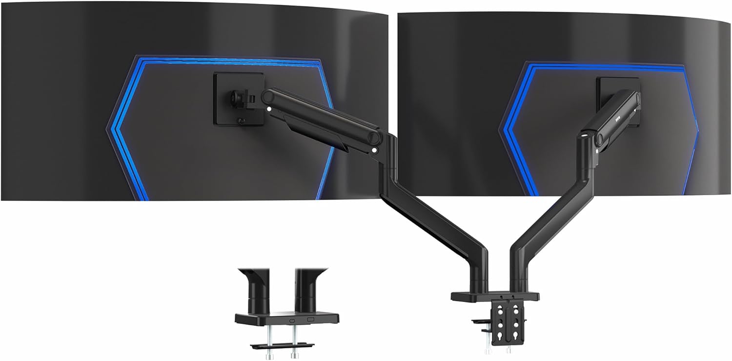VIVO STAND-V200O dual pneumatic monitor arms with two ultrawide screens attached