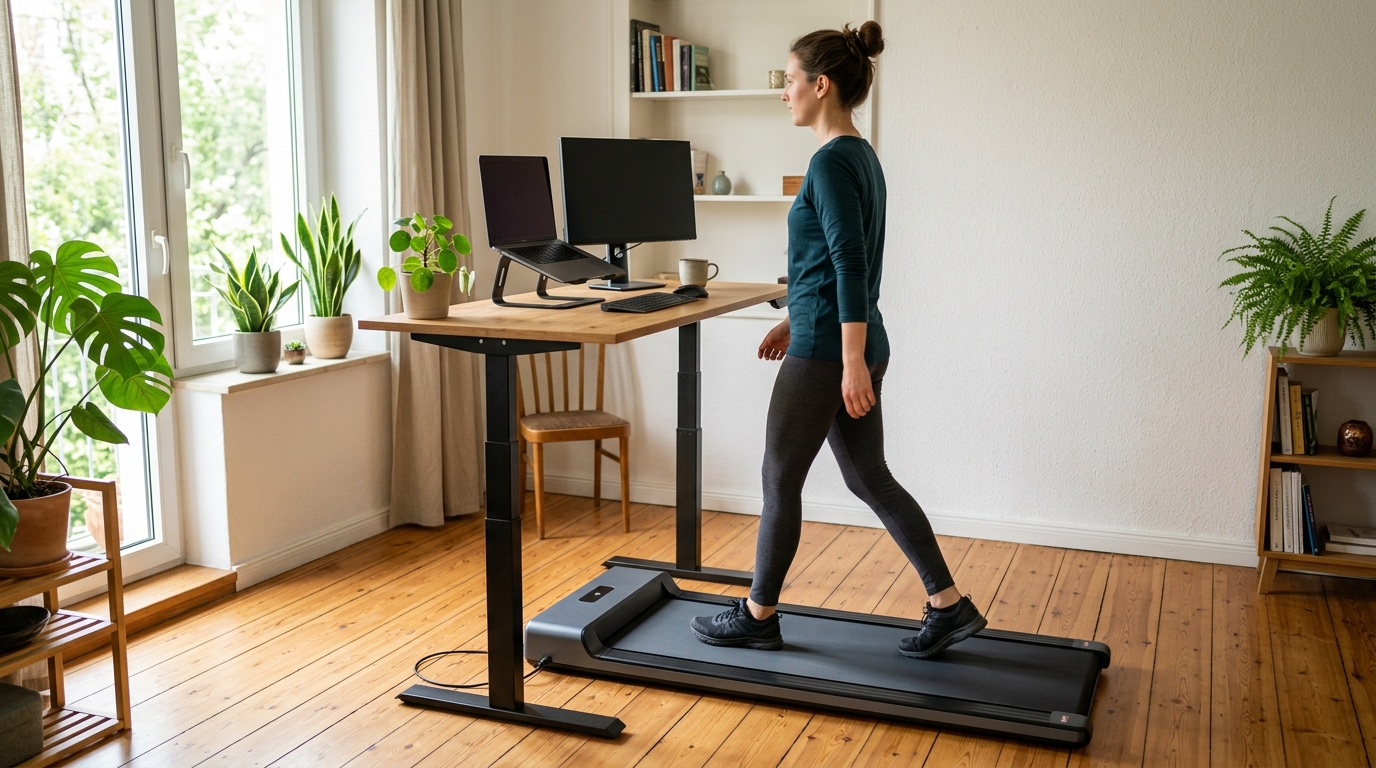 Slim under-desk walking pad in use at a standing desk in a small apartment home office