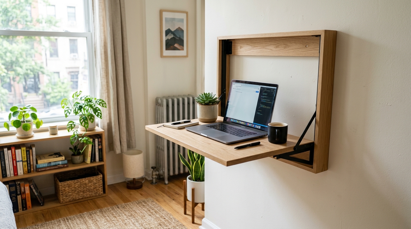 Wall-mounted folding standing desk in a small apartment