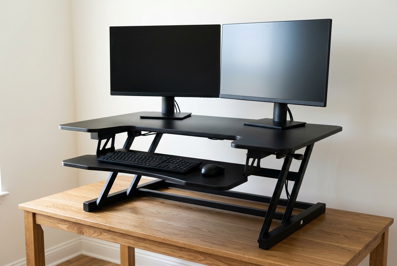 Wide corner-shaped standing desk converter holding two large monitors