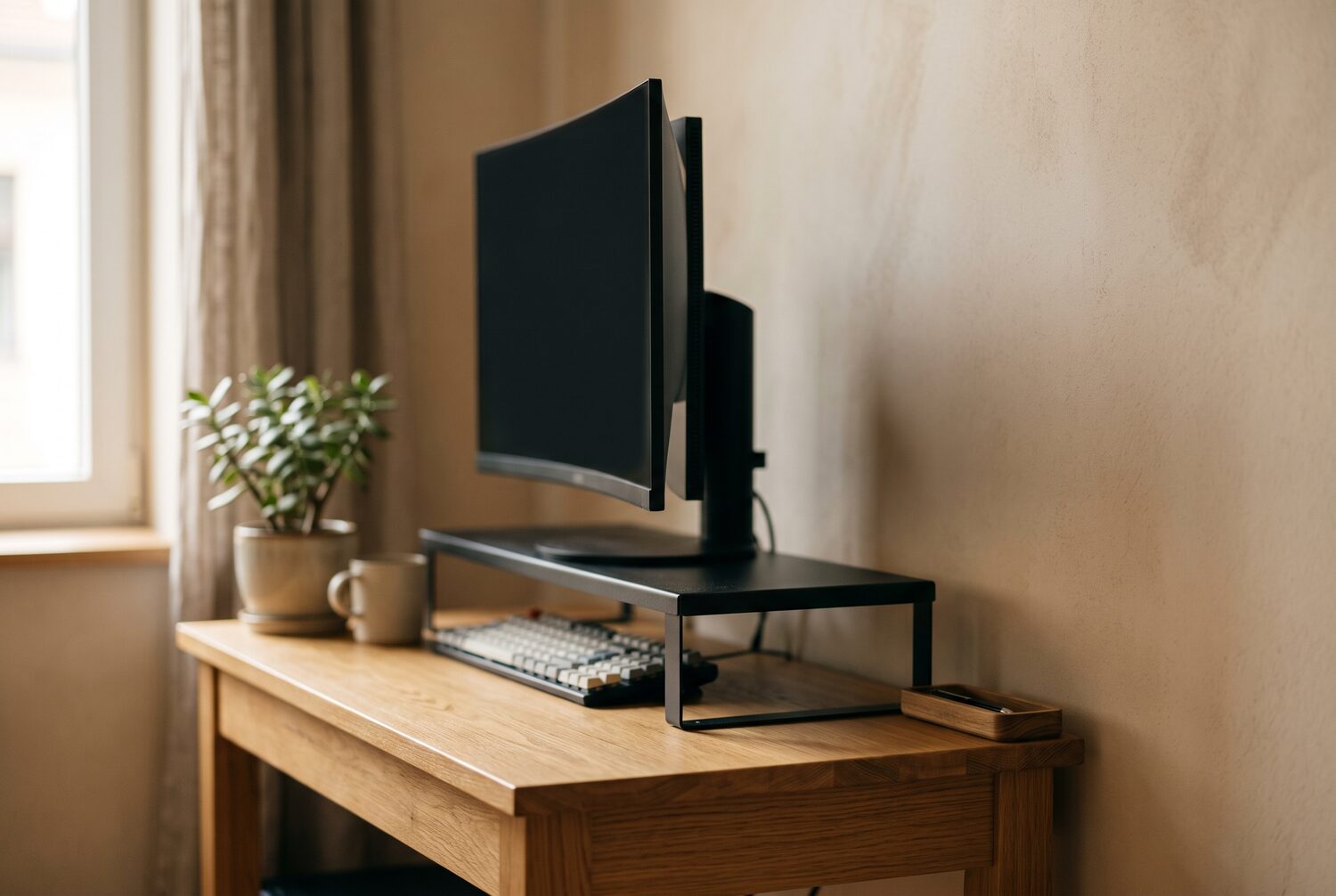 Compact desk with a slim monitor riser holding a monitor in a small home office