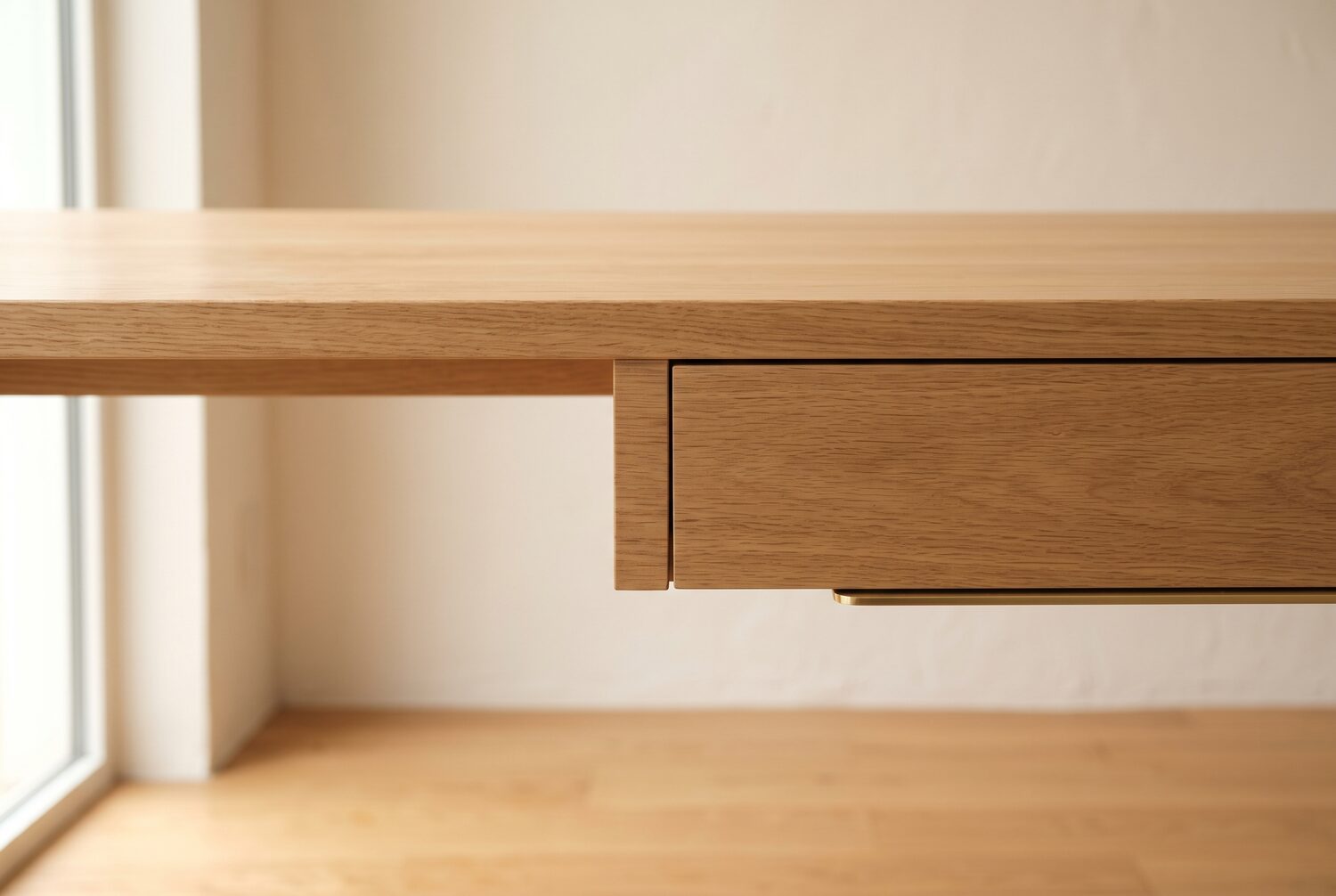 Lower edge of a light wood desk with a built-in drawer in a home office