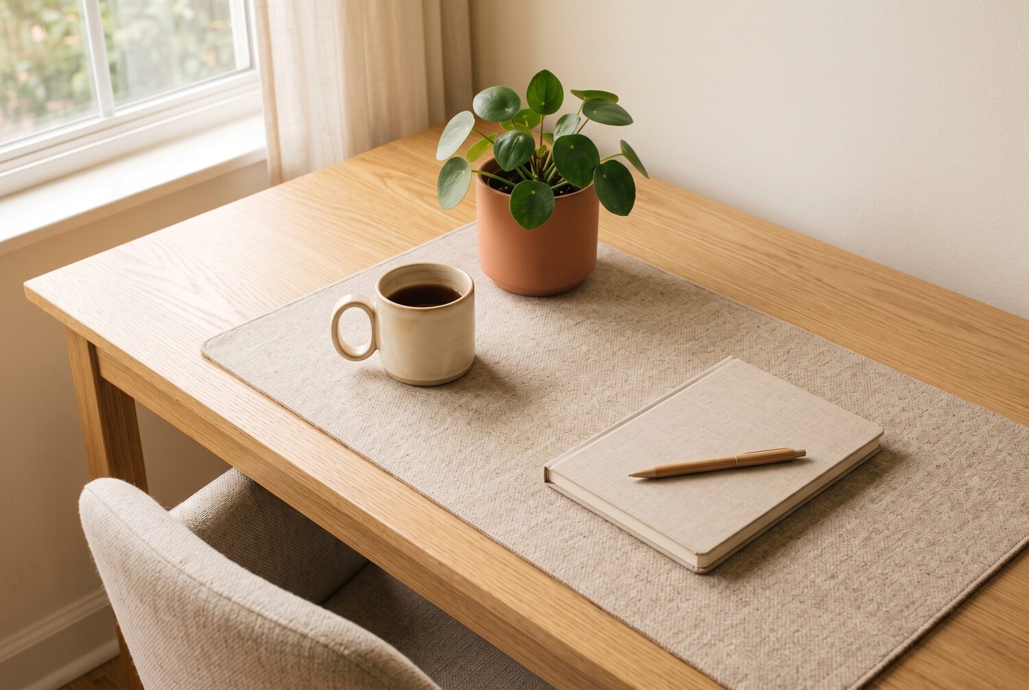 Small tidy desk with a mug, notebook and plant in warm daylight