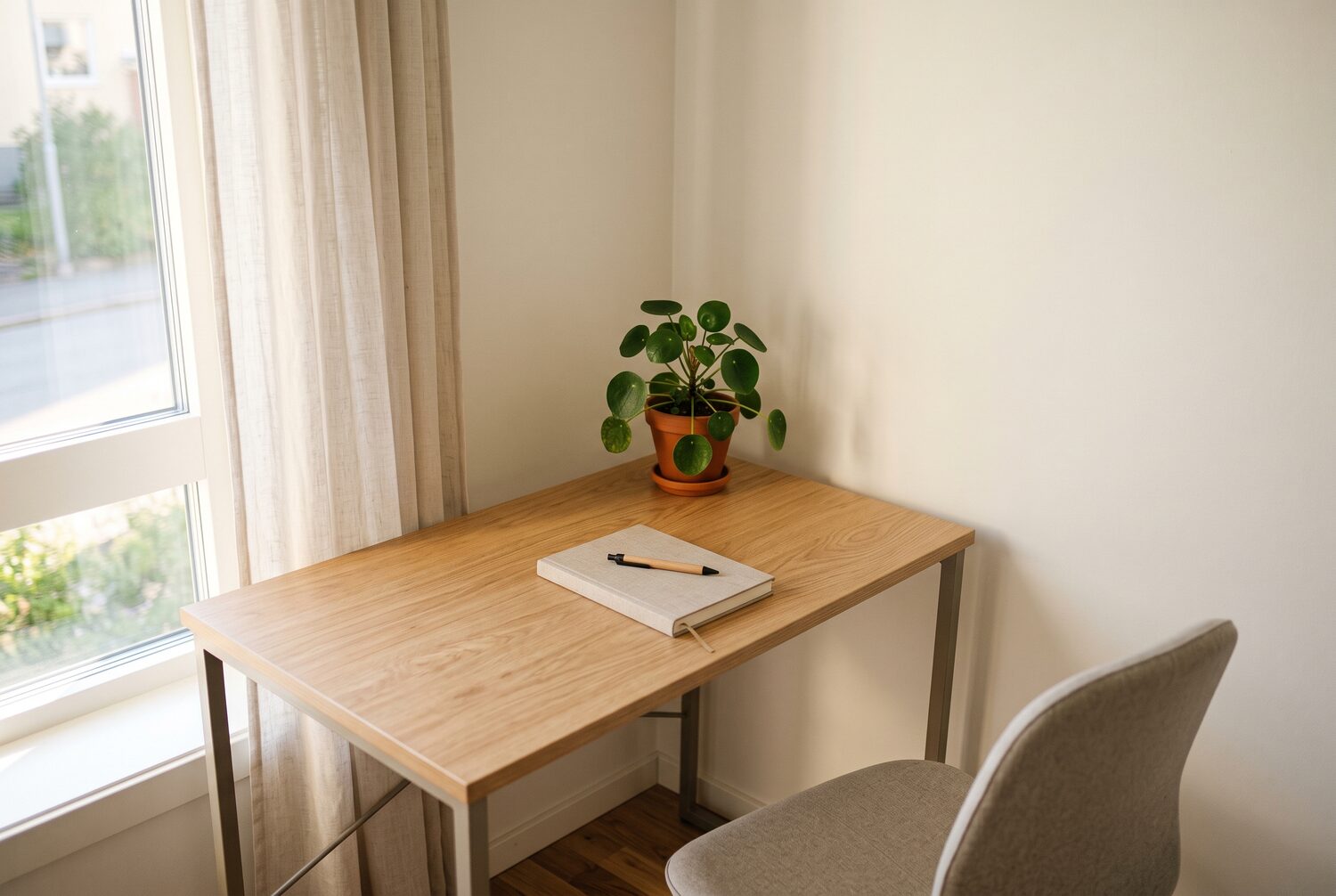 Compact desk in the corner of a small bright apartment with a plant
