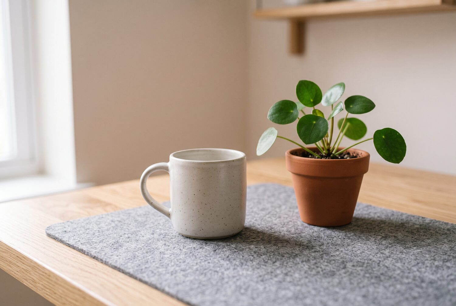 Speckled mug and small potted plant on a desk mat in a home office